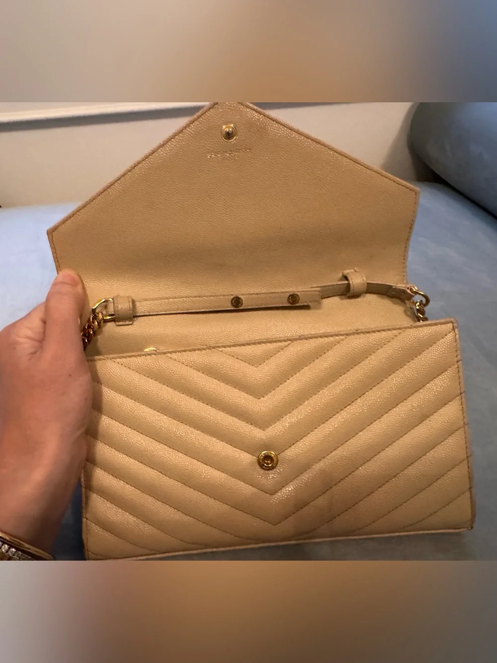 Saint Laurent Cassandre Taupe Matelassé Leather Chain Wallet